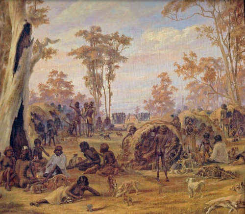 Detail from 'Adelaide, a tribe of natives on the banks of the River Torrens' by Alexander Schramm 1850