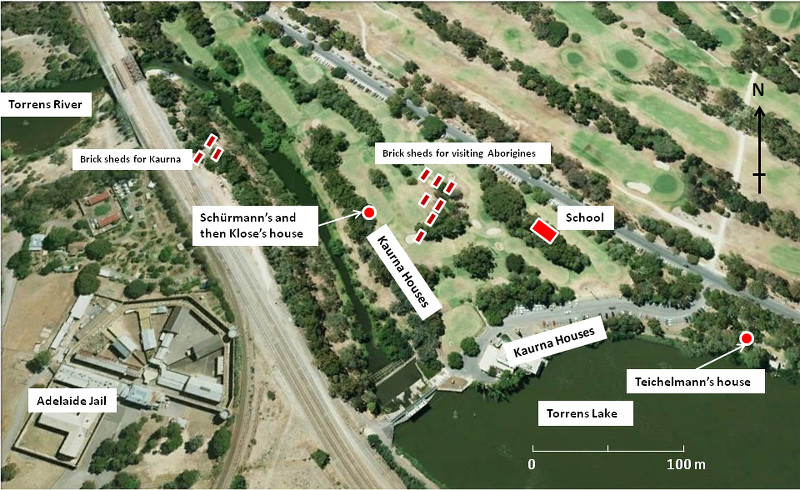 Piltawoldi Native Locaton showing location of school and houses overlaid on modern aerial photograph